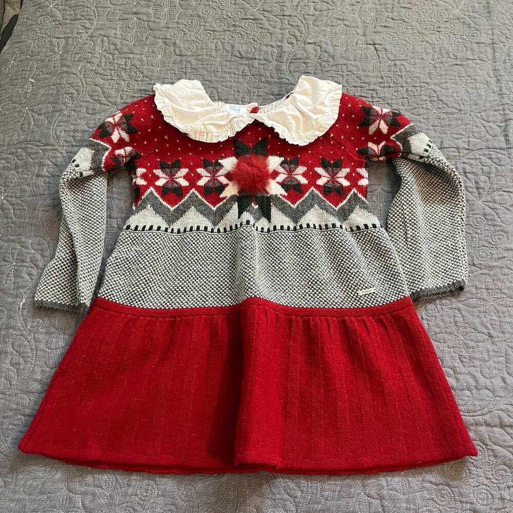 Foque Christmas dress red wool blend fair‎ isle collared girls size small